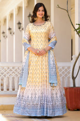 Hand work pure soft dola silk designer Gown Dress with digital print.